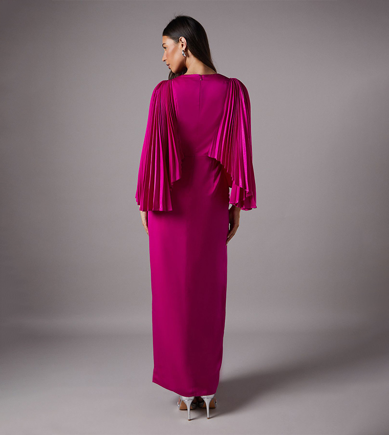 Pleated Cape Satin High Neck Maxi Dress