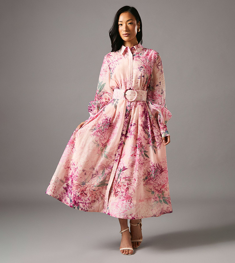 Organza Belted Long Sleeves Midi Shirt Dress