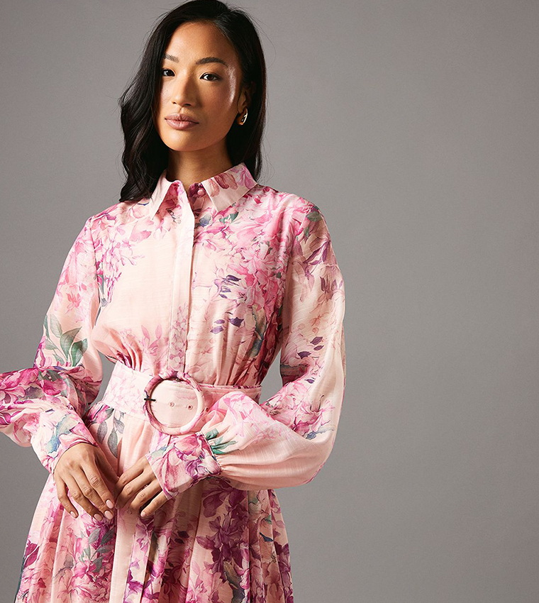 Organza Belted Long Sleeves Midi Shirt Dress