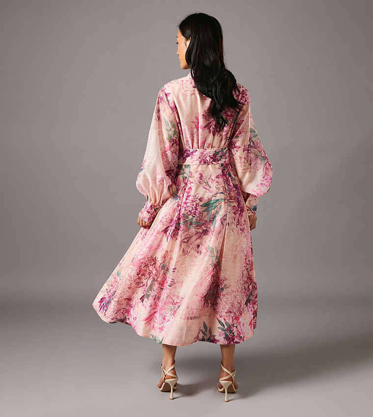 Organza Belted Long Sleeves Midi Shirt Dress