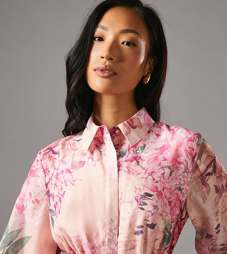 Organza Belted Long Sleeves Midi Shirt Dress