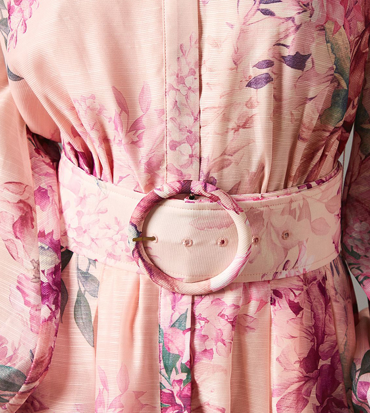 Organza Belted Long Sleeves Midi Shirt Dress