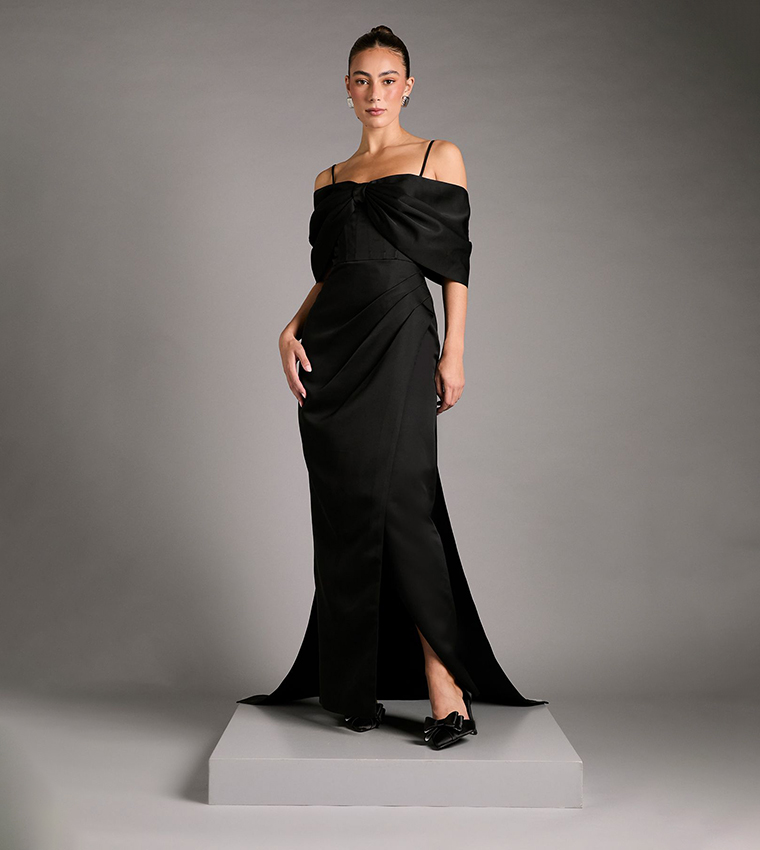 Bardot Satin Dress with Bow Back Detail