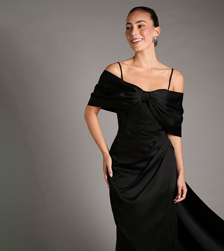 Bardot Satin Dress with Bow Back Detail