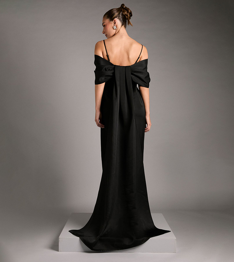 Bardot Satin Dress with Bow Back Detail