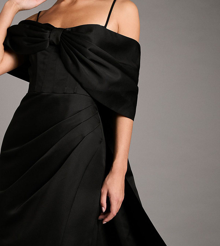 Bardot Satin Dress with Bow Back Detail