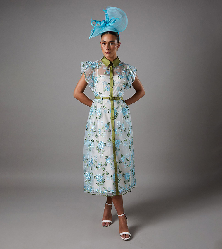 Embroidered Mesh Shirt Midi Dress