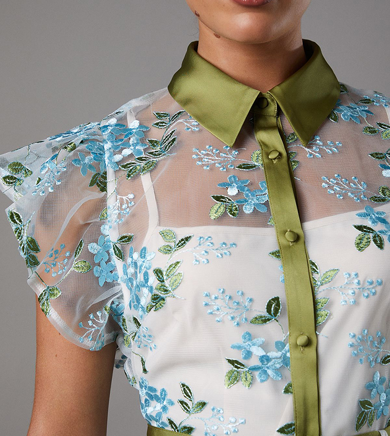 Embroidered Mesh Shirt Midi Dress