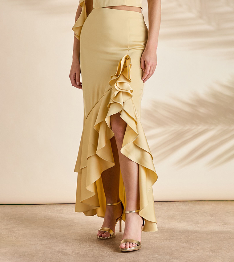 Ruffled Midi Satin Skirt