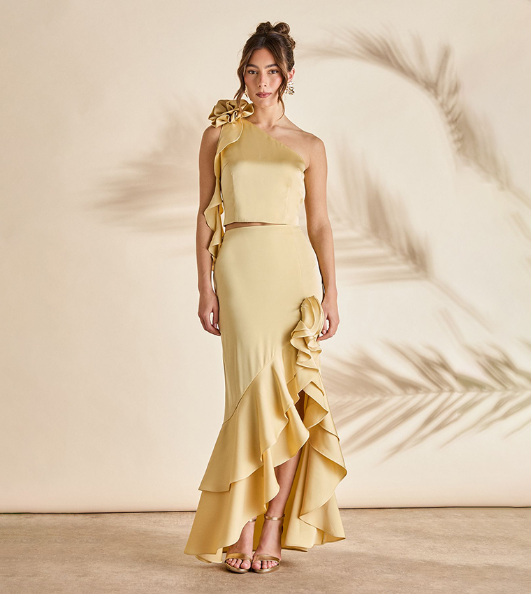 Ruffled Midi Satin Skirt