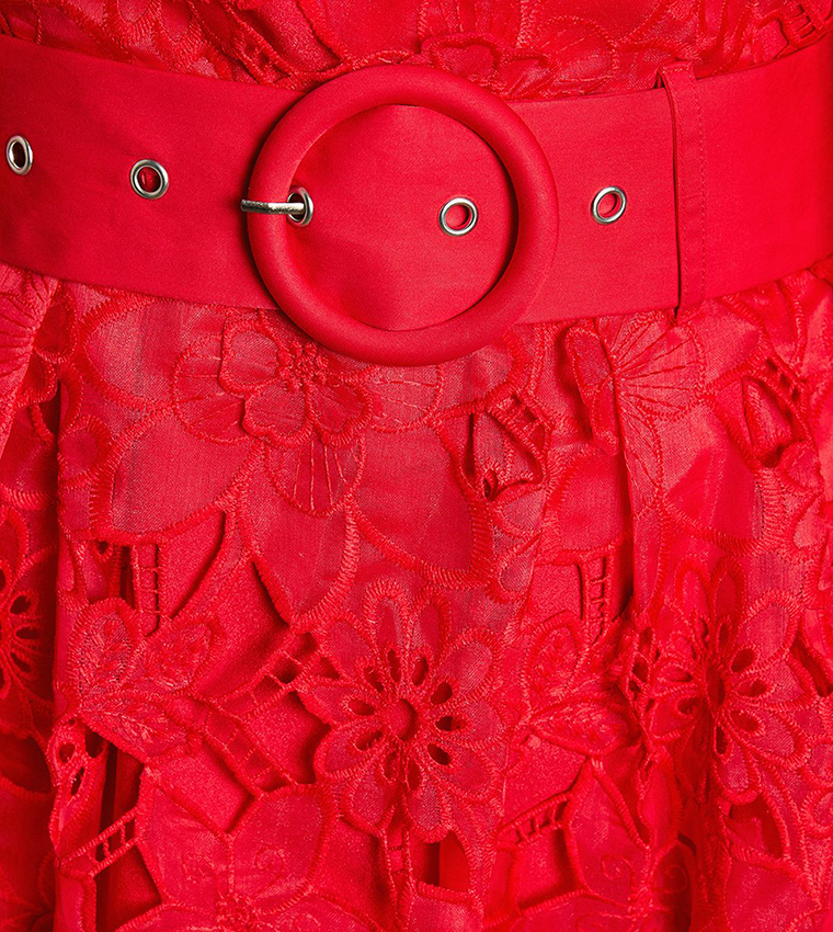 Short Sleeves Full Skirted Lace Midi Dress