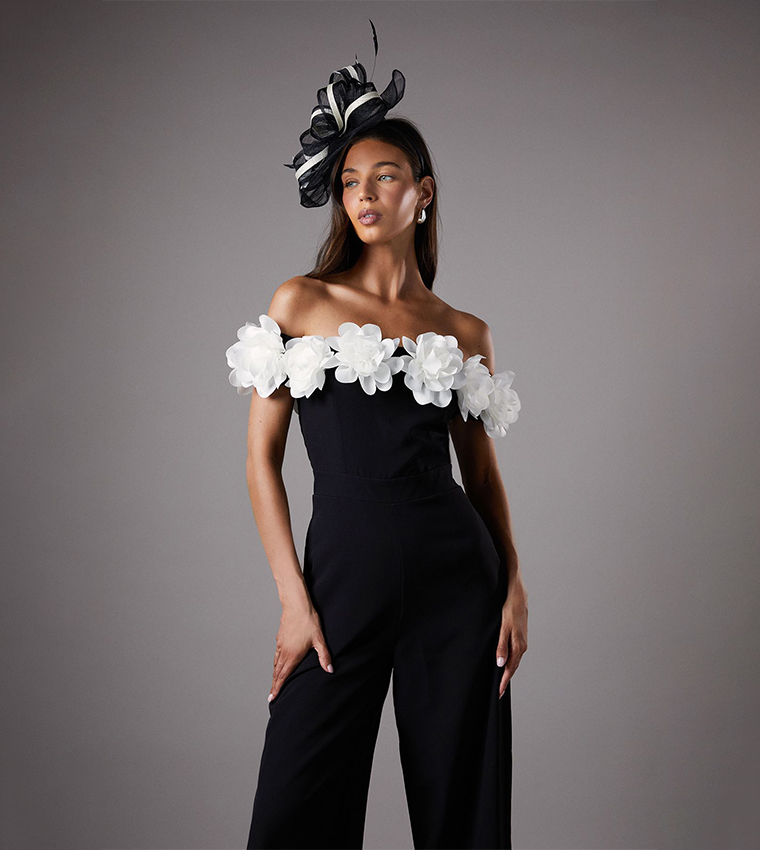 3D Flower Bardot Wide Leg Jumpsuit