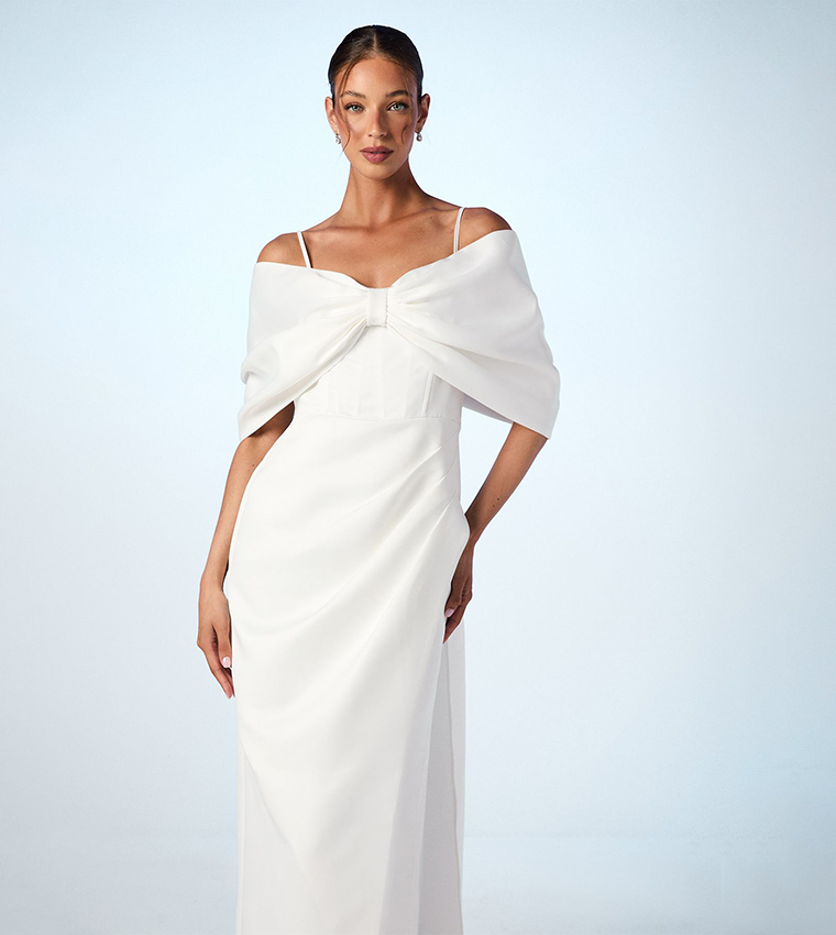 Buy Coast Bardot Satin Bridal Bow Back Detail Maxi Party Dress In White ...