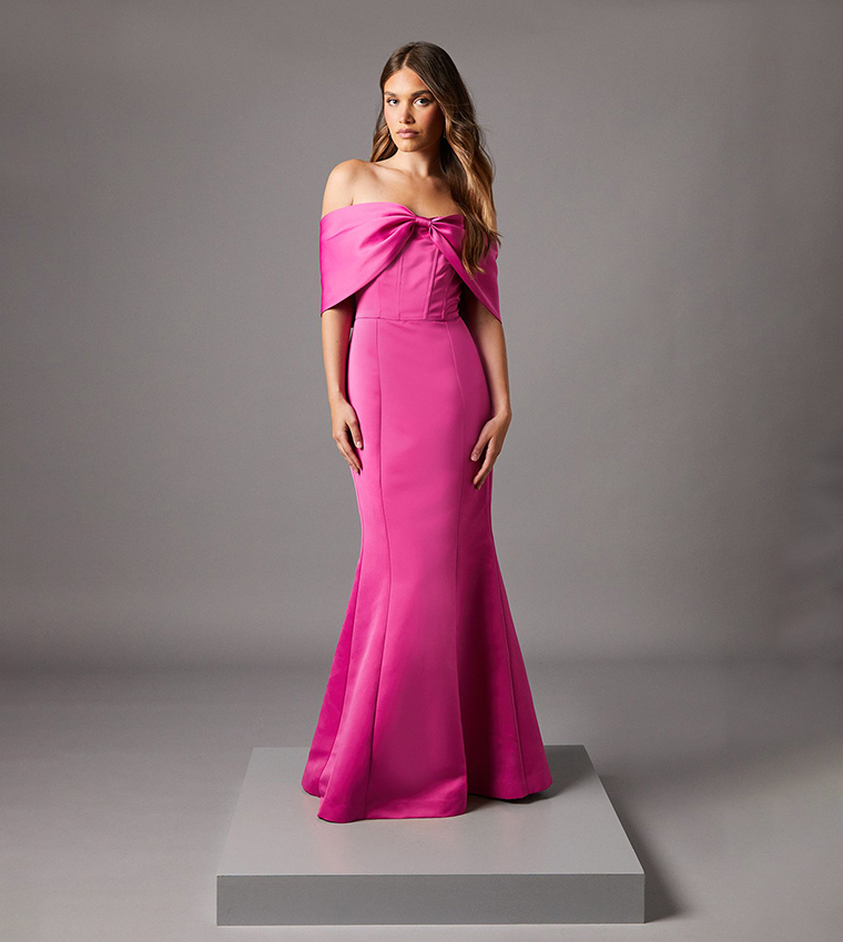 Bardot Bow Effect Fishtail Maxi Occasion Dress