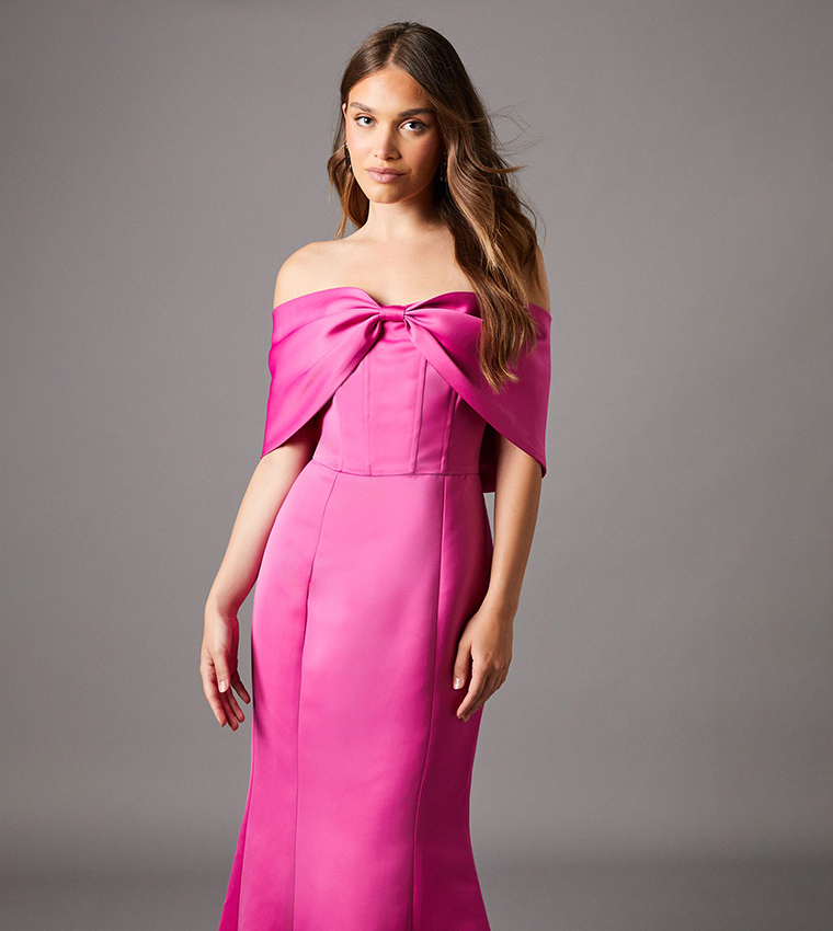 Bardot Bow Effect Fishtail Maxi Occasion Dress