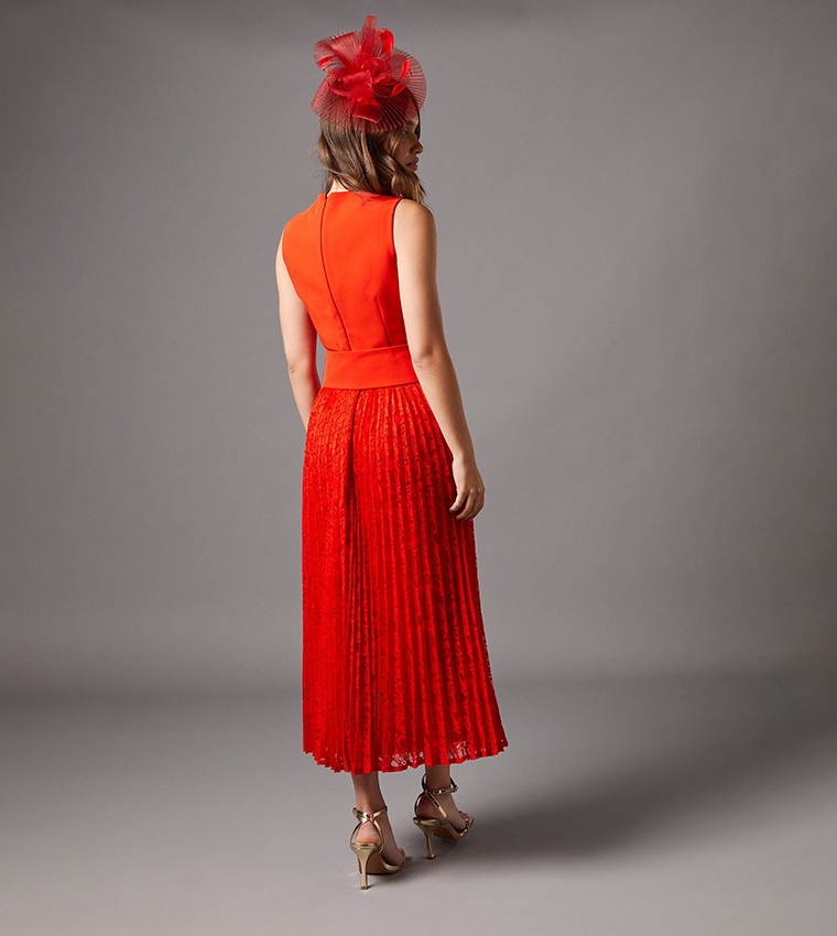 Notch Neck Pleated Lace Midi Dress