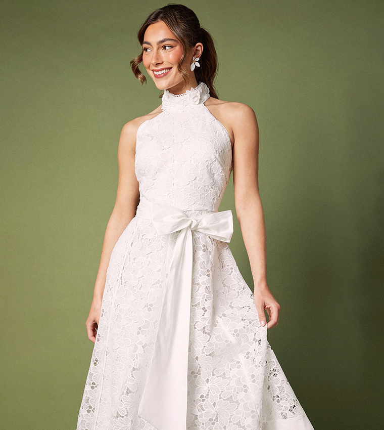 Halterneck Belted Lace Midi Dress