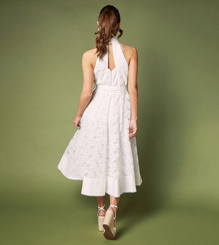 Halterneck Belted Lace Midi Dress