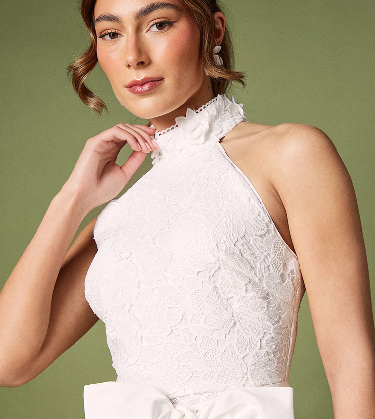 Halterneck Belted Lace Midi Dress