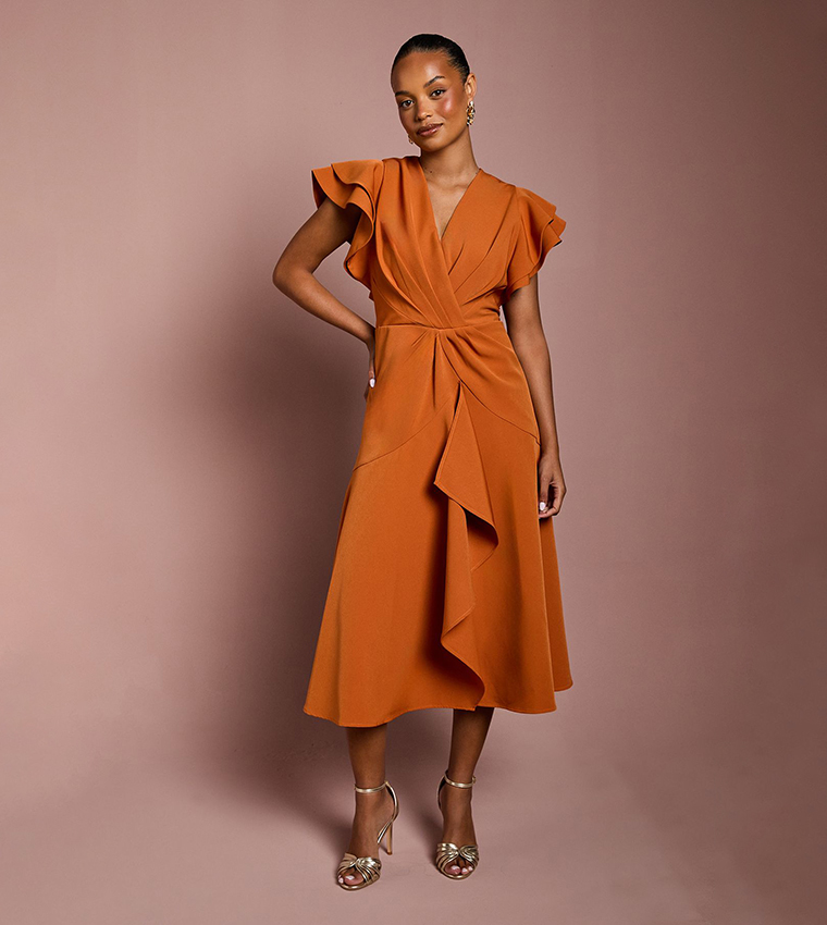 Petite Short Sleeves V-Neck Wrap Front Midi Dress