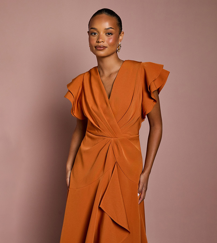 Petite Short Sleeves V-Neck Wrap Front Midi Dress