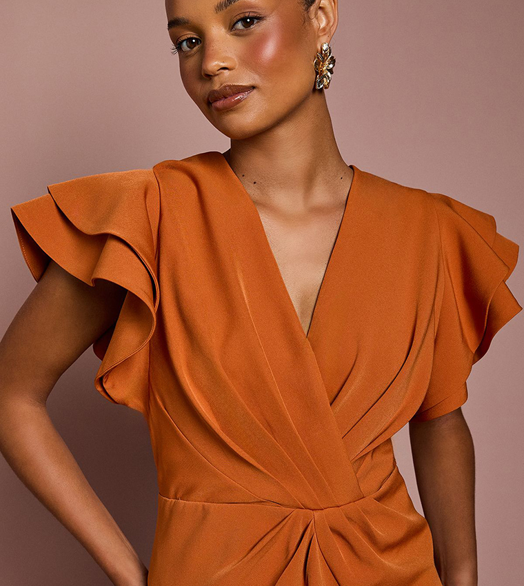 Petite Short Sleeves V-Neck Wrap Front Midi Dress