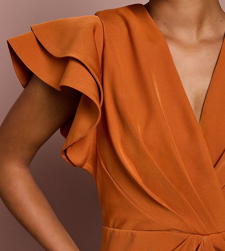 Petite Short Sleeves V-Neck Wrap Front Midi Dress