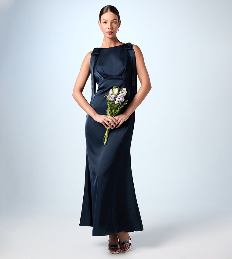 Petite High Neck Tie Shoulder Maxi Bridesmaid Dress