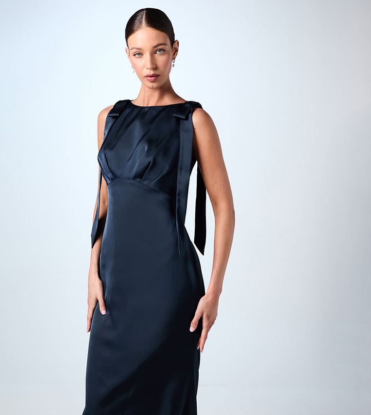 Petite High Neck Tie Shoulder Maxi Bridesmaid Dress