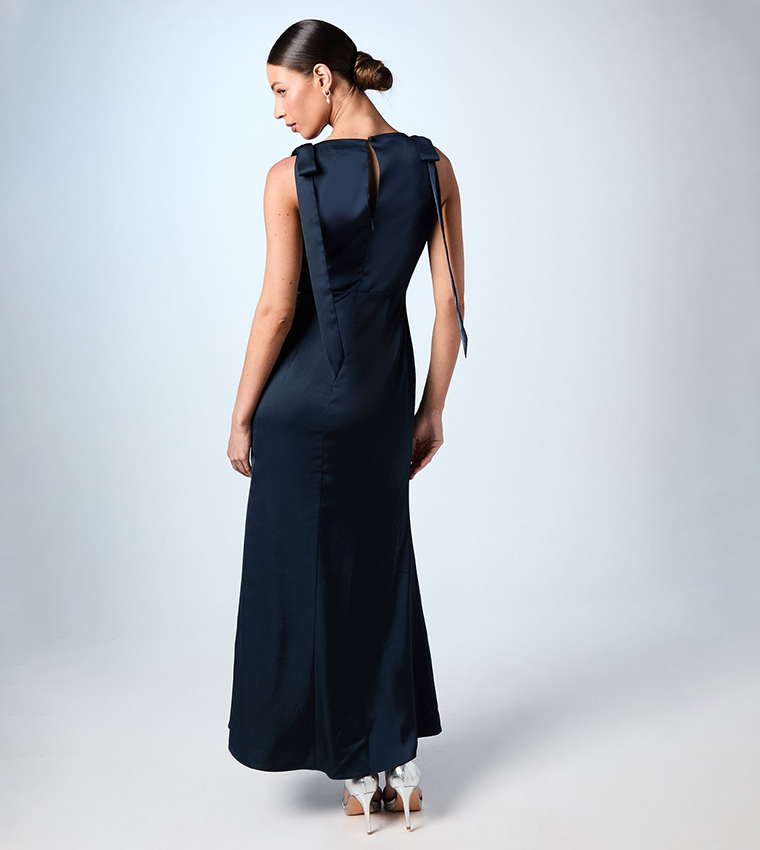 Petite High Neck Tie Shoulder Maxi Bridesmaid Dress