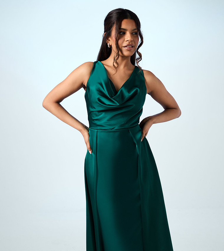 Petite Sleeveless Cowl Neck Satin Maxi Bridesmaid Dress