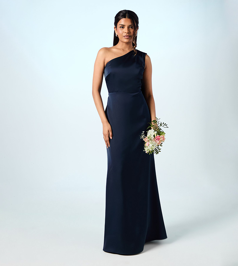 Petite Drape One Shoulder Satin Maxi Bridesmaid Dress