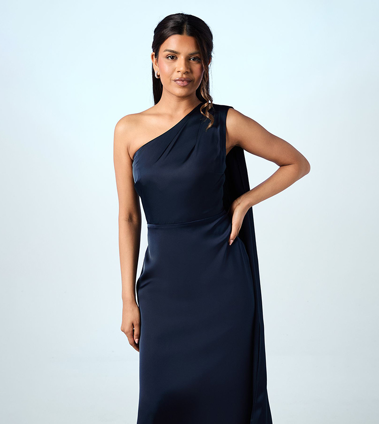 Petite Drape One Shoulder Satin Maxi Bridesmaid Dress