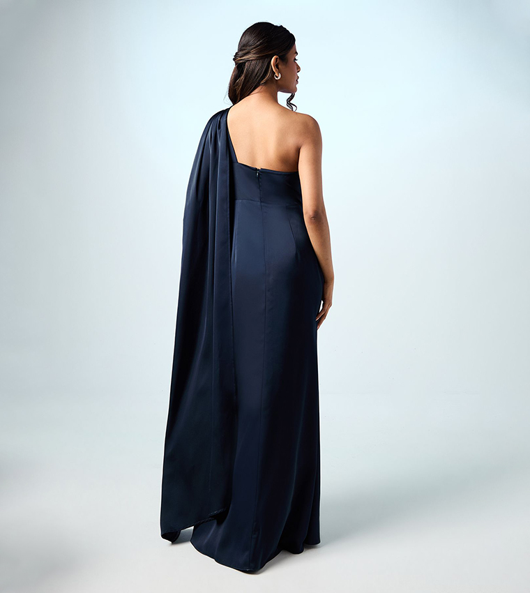 Petite Drape One Shoulder Satin Maxi Bridesmaid Dress