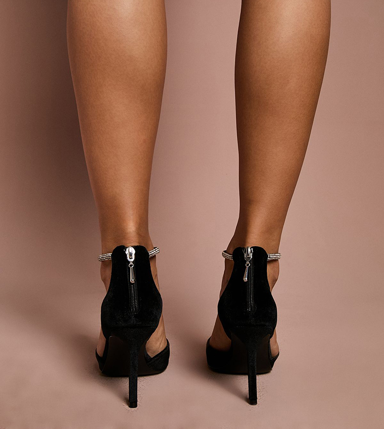 Sicily Velvet Diamante Ankle Strap Pumps