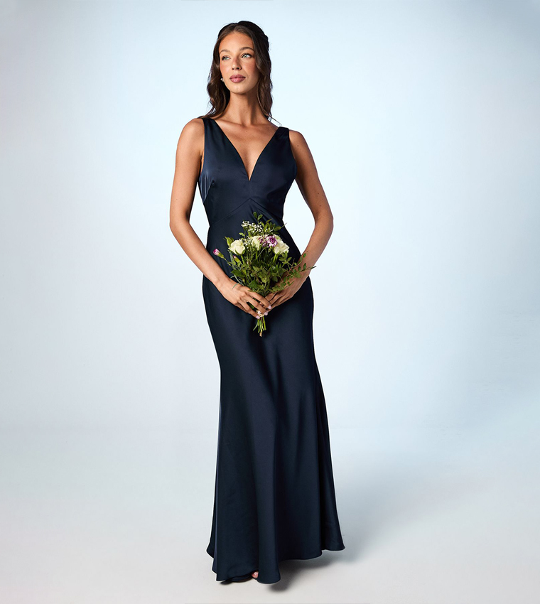 Satin V Neck Maxi Bridesmaid Dress With Back Sash Detail