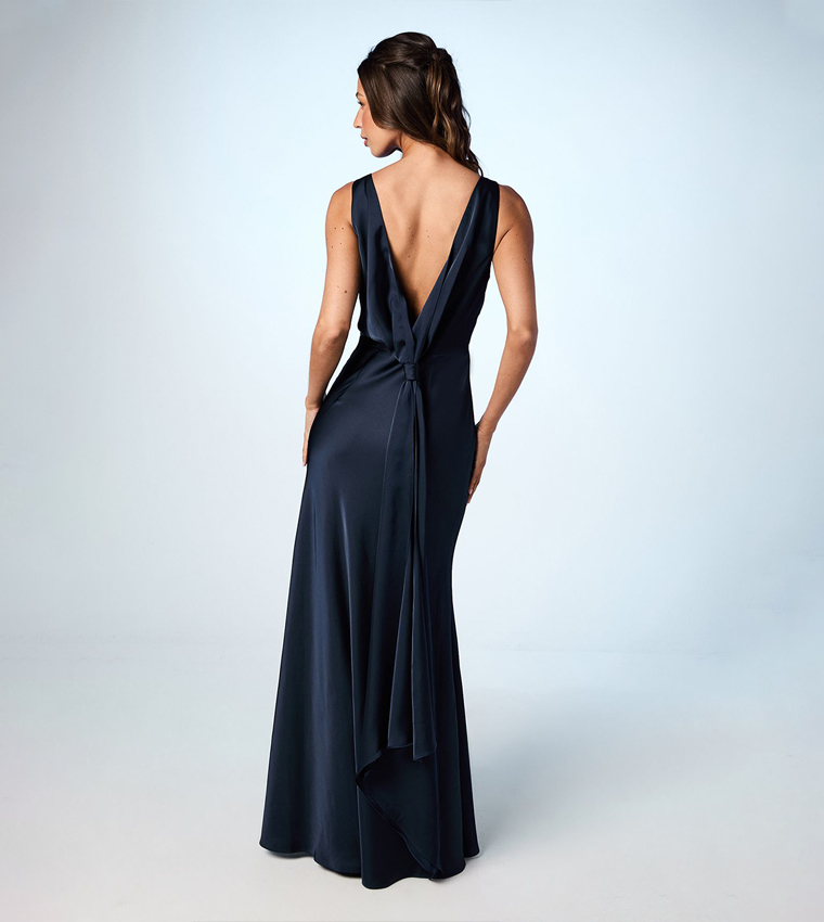 Satin V Neck Maxi Bridesmaid Dress With Back Sash Detail