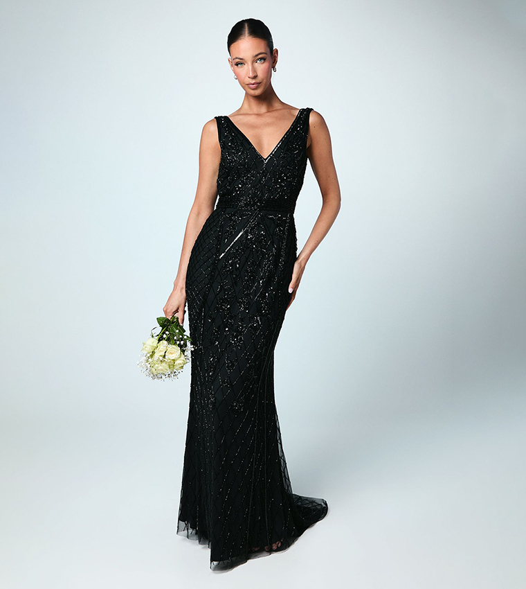 Plunge Floral Embellished Bridesmaids Maxi Dress