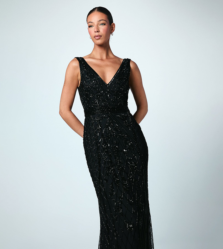 Plunge Floral Embellished Bridesmaids Maxi Dress