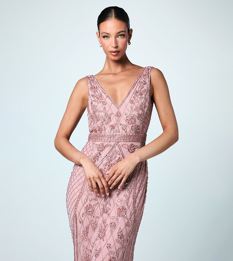 Plunge Floral Embellished Bridesmaids Maxi Dress