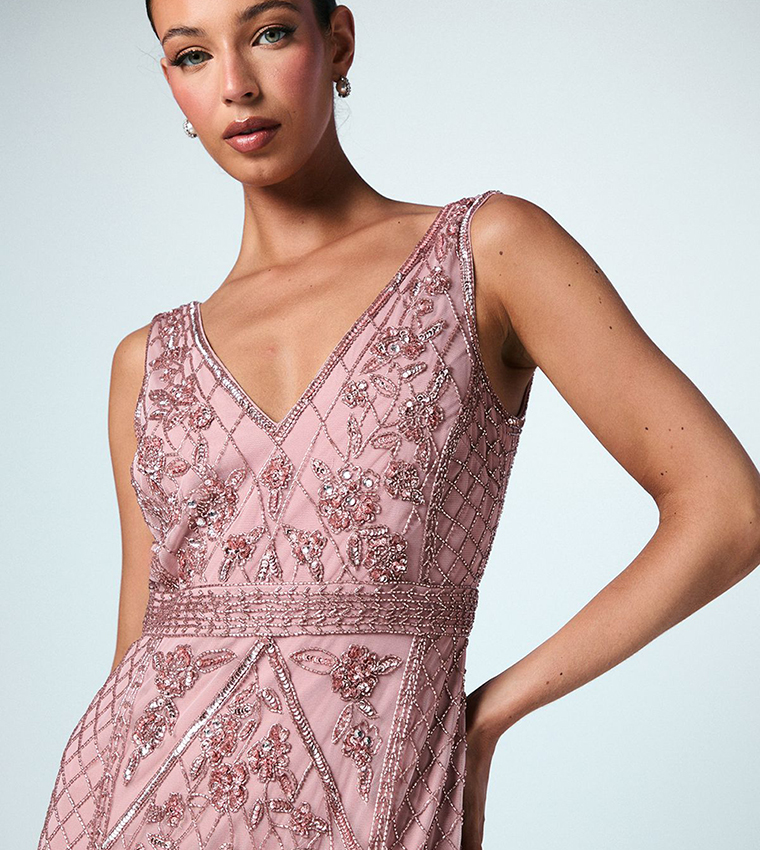 Plunge Floral Embellished Bridesmaids Maxi Dress