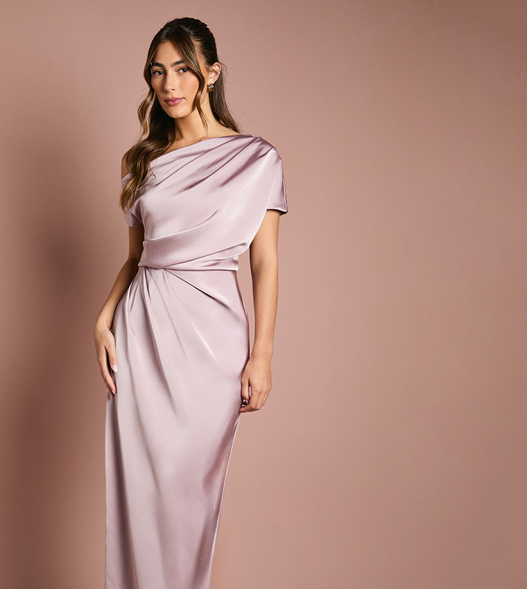 Buy Coast Satin Ruched Detail Off Shoulder Maxi Bridesmaid Dress In Pink |  6thStreet Kuwait