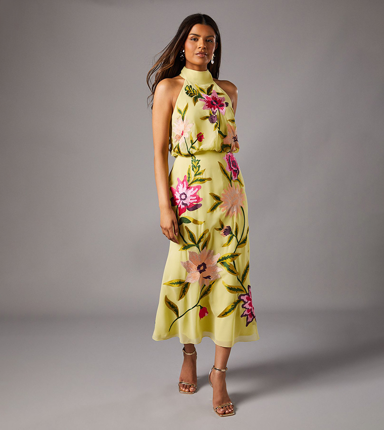Petite Embroidered Halter Neck Midi Dress