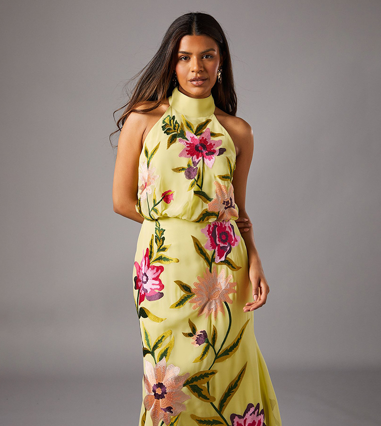 Petite Embroidered Halter Neck Midi Dress