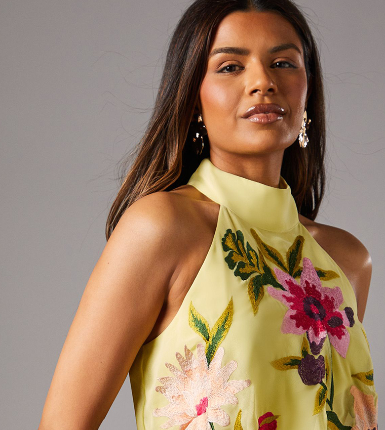 Petite Embroidered Halter Neck Midi Dress