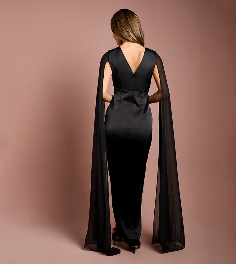 Satin Cape Sleeves Maxi Dress