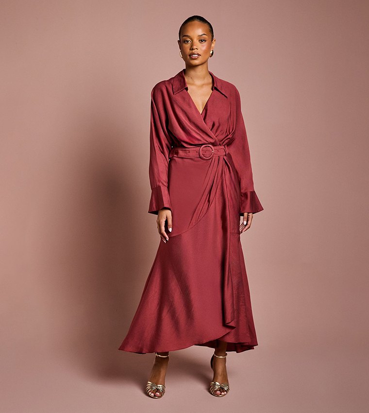 Petite Twill Long Sleeves Wrap Maxi Dress