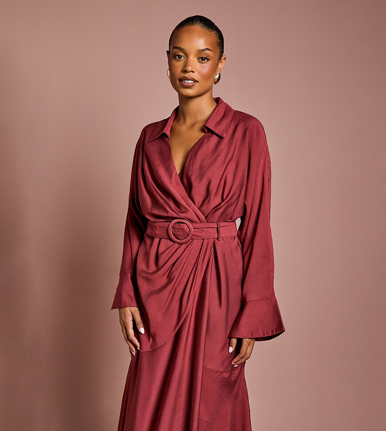 Petite Twill Long Sleeves Wrap Maxi Dress