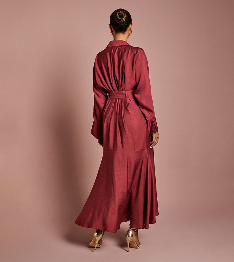 Petite Twill Long Sleeves Wrap Maxi Dress
