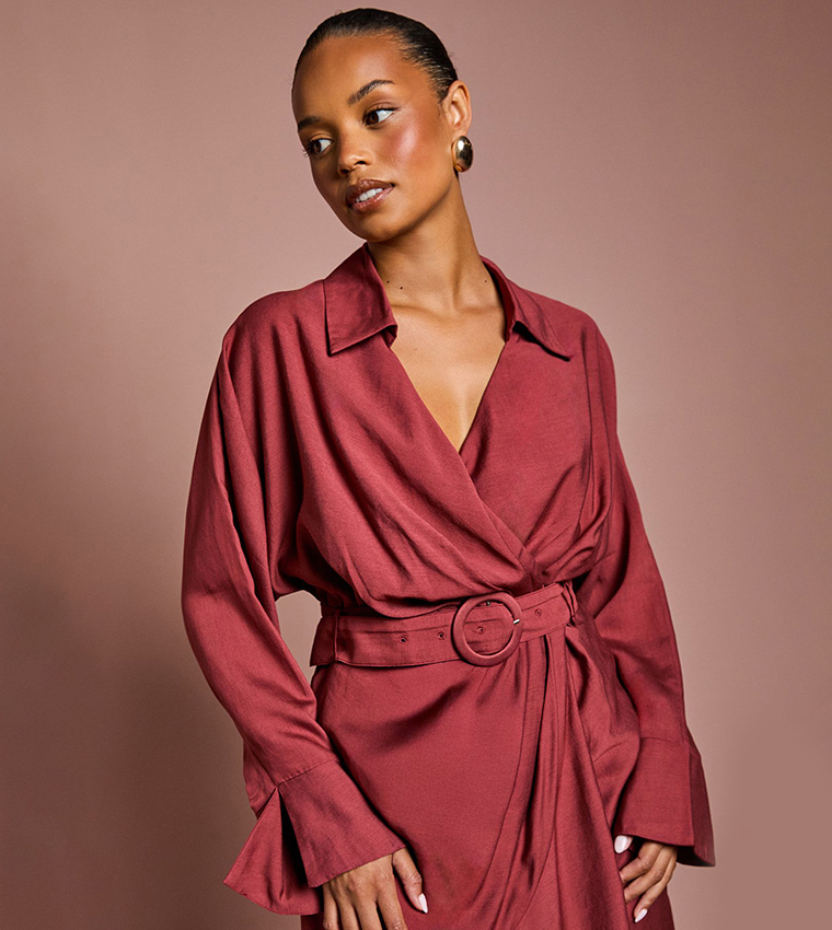 Petite Twill Long Sleeves Wrap Maxi Dress